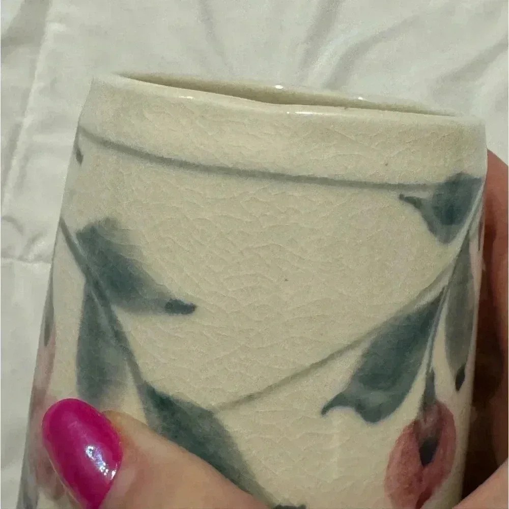 Vintage Handmade Cottagecore Floral Flower Vase 7” Tall Large Handle 90s Unique - Picture 7 of 13